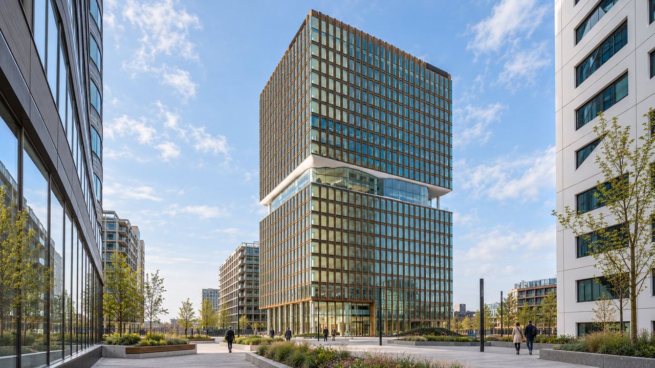Kantoortoren met glazen gevel aan een plein met groen en voetgangers, op het Stadsplateau in Utrecht