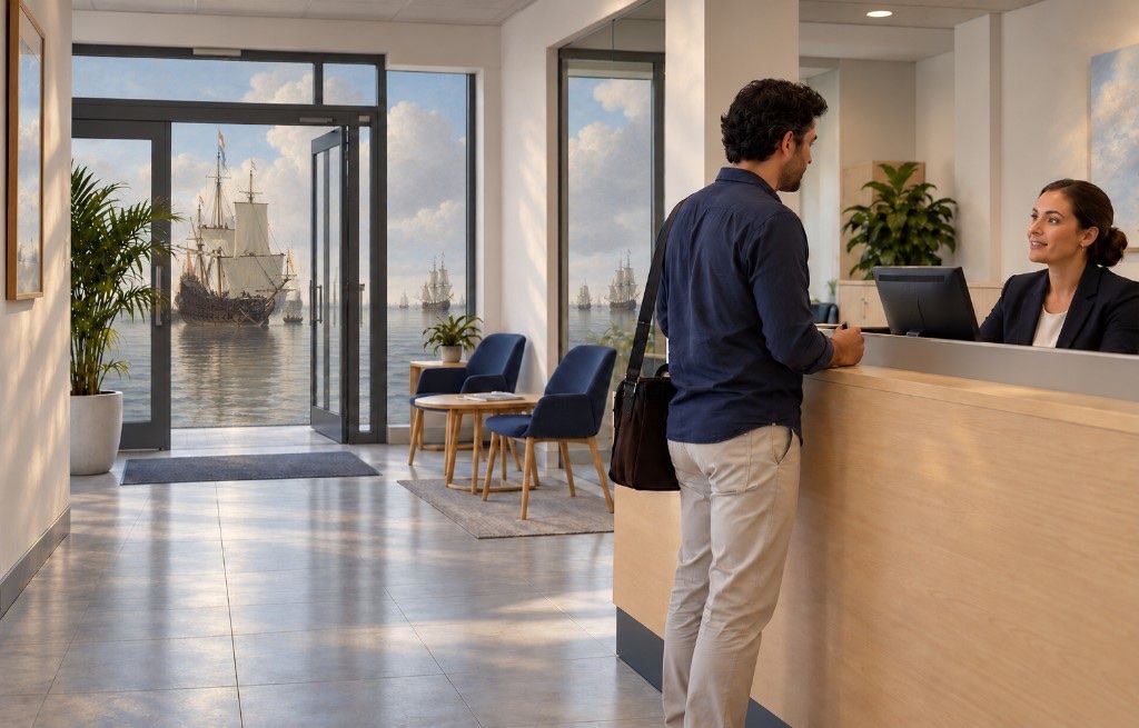 Bezoeker en medewerker aan een consulaire balie, met een schilderachtige zee en historische zeilschepen achter de glazen pui.