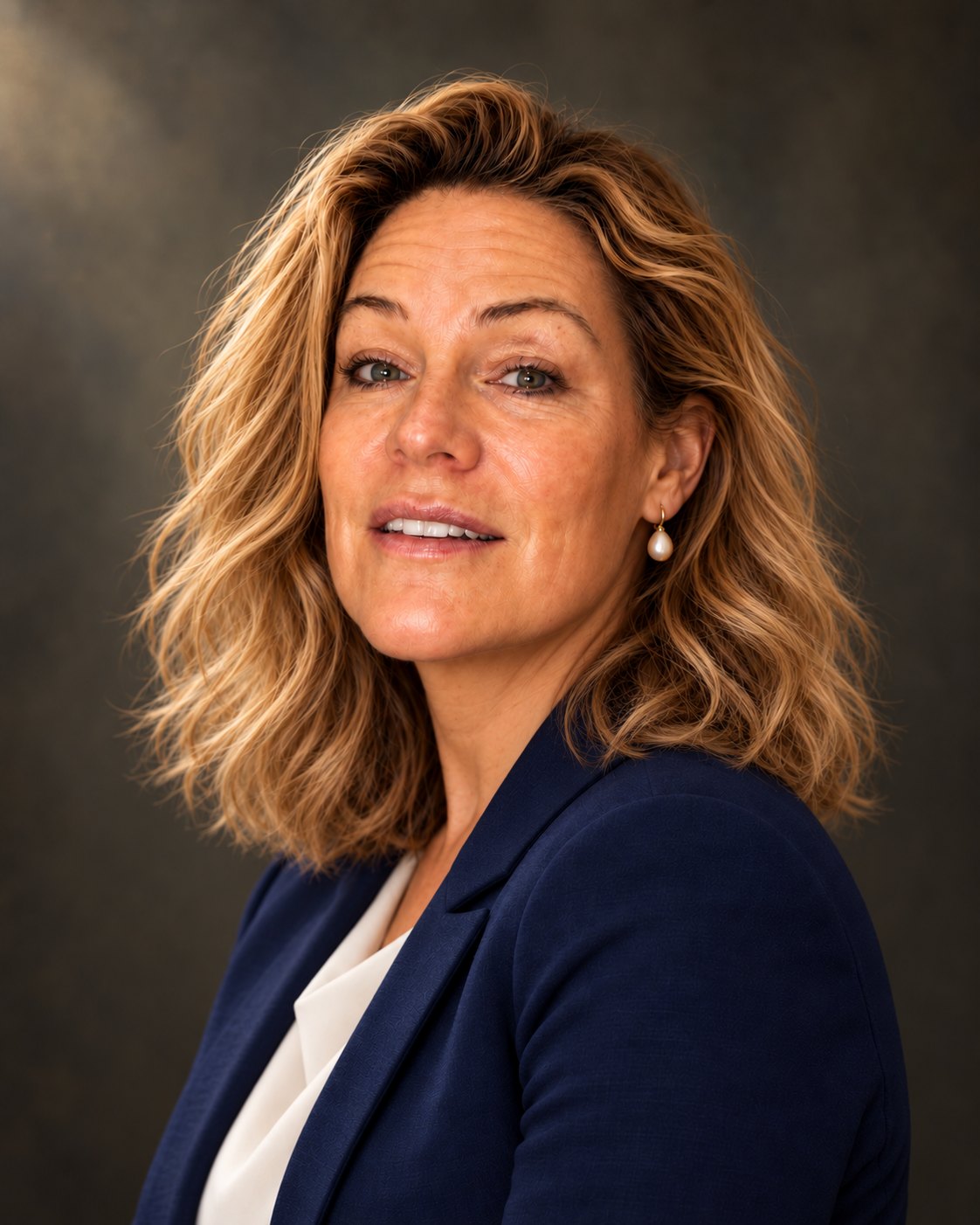 Portret van Esther Lap, directeur van Staterra, in een donkerblauwe blazer met pareloorbel, in zacht zijlicht