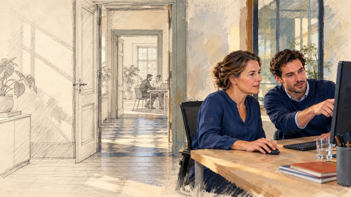 Half uitgewerkte schets: de samenwerking aan het bureau is al uitgewerkt, de rest nog niet