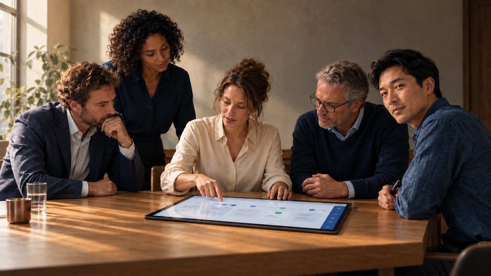 Vijf mensen buigen zich samen over een groot aanraakscherm op tafel en beoordelen een digitale toepassing, in gericht zijlicht